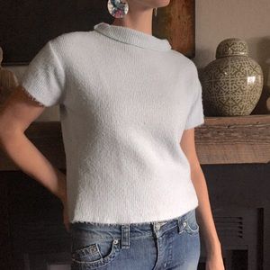 Baby blue mock neck Short sleeved Fuzzy Sweater